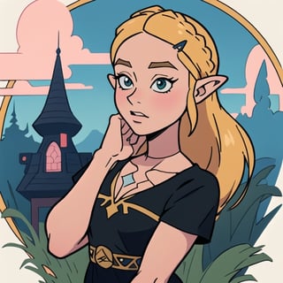 Anime artwork of princess Zelda in a detailed intricate pink and black dress, stunning beautiful artwork, Breath of the Wild, 8k,blonde, 
,toon,zeldaBotW,cartoon, nose, 