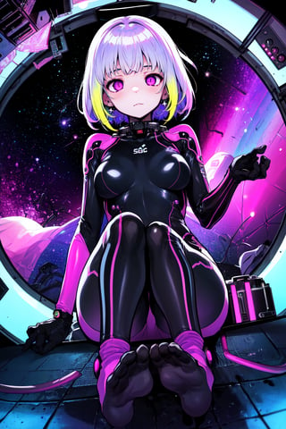 best quality,4k,(1girl,solo,fullbody),(short hair,light_purple_hair,neon_hair),purple eyes,dead eyes,dive_clothes,on_spaceship,space,stars,
coreful_space,




