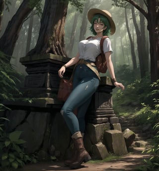 An adventure, archaeology, mystery, supernatural and anime masterpiece, rendered in crystal-clear 4K. A 30-year-old woman called Aiko, a brave and adventurous archaeologist, stands in a sensual and mysterious pose in an ancient temple in the middle of a forest. She is wearing an archaeologist's outfit consisting of a beige short-sleeved shirt, sturdy jeans and brown high boots. She also wears a brown backpack on her left shoulder, a beige wide-brimmed hat to protect her from the sun, a leather glove on her right hand and a flashlight around her waist. His green hair is cut in a modern and stylish short mohawk. His red eyes are looking at the viewer, smiling with white teeth, but with an air of mystery and danger. The scene takes place in an ancient temple in the middle of a forest, the place is mysterious and full of rock structures, wooden structures, carved rock structures and ancient ruins. The image highlights Aiko's sensual figure and the mysterious and supernatural elements of the ancient temple. The rock and wooden structures, together with Aiko, the ancient ruins and the sculptures, create an atmosphere of adventure, archaeology and mystery. The natural lighting of the forest and the shadows created by the structures enhance the details of the scene and create an even more mysterious atmosphere. Soft, shadowy lighting effects create a tense, mystery-laden atmosphere, while rough, detailed textures on the structures and Aiko's costume add realism to the image. | A sensual and mysterious scene of Aiko, a brave archaeologist in an ancient temple in the middle of a forest, mixing elements of adventure, archaeology, mystery and the supernatural in anime style. | (((((The image reveals a full-body shot as she assumes a sensual pose, engagingly leaning against a structure within the scene in an exciting manner. She takes on a relaxed pose as she interacts, boldly leaning on a structure, leaning back in an exciting way.))))). | ((full-body shot)), ((perfect pose)), ((perfect fingers, better hands, perfect hands)), ((perfect legs, perfect feet)), ((perfect design)), ((perfect composition)), ((very detailed scene, very detailed background, perfect layout, correct imperfections)), More Detail, Enhance