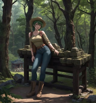 An adventure, archaeology, mystery, supernatural and anime masterpiece, rendered in crystal-clear 4K. A 30-year-old woman called Aiko, a brave and adventurous archaeologist, stands in a sensual and mysterious pose in an ancient temple in the middle of a forest. She is wearing an archaeologist's outfit consisting of a beige short-sleeved shirt, sturdy jeans and brown high boots. She also wears a brown backpack on her left shoulder, a beige wide-brimmed hat to protect her from the sun, a leather glove on her right hand and a flashlight around her waist. His green hair is cut in a modern and stylish short mohawk. His red eyes are looking at the viewer, smiling with white teeth, but with an air of mystery and danger. The scene takes place in an ancient temple in the middle of a forest, the place is mysterious and full of rock structures, wooden structures, carved rock structures and ancient ruins. The image highlights Aiko's sensual figure and the mysterious and supernatural elements of the ancient temple. The rock and wooden structures, together with Aiko, the ancient ruins and the sculptures, create an atmosphere of adventure, archaeology and mystery. The natural lighting of the forest and the shadows created by the structures enhance the details of the scene and create an even more mysterious atmosphere. Soft, shadowy lighting effects create a tense, mystery-laden atmosphere, while rough, detailed textures on the structures and Aiko's costume add realism to the image. | A sensual and mysterious scene of Aiko, a brave archaeologist in an ancient temple in the middle of a forest, mixing elements of adventure, archaeology, mystery and the supernatural in anime style. | (((((The image reveals a full-body shot as she assumes a sensual pose, engagingly leaning against a structure within the scene in an exciting manner. She takes on a relaxed pose as she interacts, boldly leaning on a structure, leaning back in an exciting way))))). | ((full-body shot)), ((perfect body)), ((perfect pose)), ((perfect fingers, better hands, perfect hands)), ((perfect legs, perfect feet)), ((perfect design)), ((perfect composition)), ((very detailed scene, very detailed background, perfect layout, correct imperfections)), More Detail, Enhance
