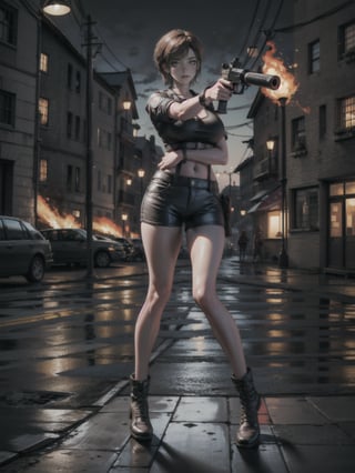 {((1 woman))}, only she is {((wearing short blue t-shirt and extremely tight brown leather shorts, short and tight on the body)), only elá has ((giant breasts)), (((short brown hair very slick, blue eyes)), staring at the viewer, smiling, ((pose with gun, macabre city, night, fog, multiple people+zombies walking in the street, cars destroyed, houses on fire)},  ((full body):1.3), ((Resident Evil)), 16k, best quality, best resolution, best sharpness,