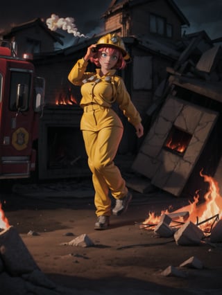 ((full body):1.5) ((1woman):1.2): only she is wearing ((yellow firefighter suit with white stripes, extremely tight on her body, firefighter helmet on her head):1.2), only she has extremely breasts big, only she has short pink hair and blue eyes, only she is doing sexual poses, she is in front of a ((fire truck):1.3) which is in front of a burning building, it's ((raining hard) :1.2), it's night, strong smoke. 16k, high quality, high details, UHD, masterpiece,perfecteyes,veryangry,anime