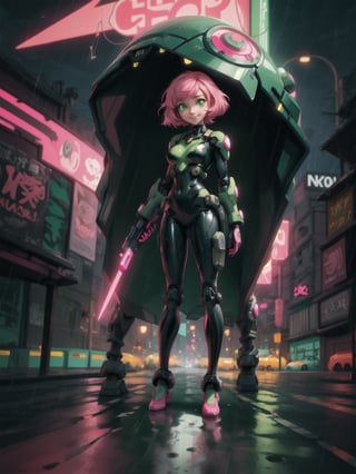 ((Full body)); ((1woman):1.2); 1woman: wearing black mecha latex suit with blank parts, extremely short and tight on the body; 1woman is smiling and looking at the viewer; Only 1woman has ((very short pink hair and green eyes):1.2), she is holding futuristic weapons; Only 1woman is in a futuristic city at night ((raining heavily): 1.2), on a street with parked cars., anime, Hyperrealism, Hyperrealism, 16k, ((high quality, high details):1.4), UHD, masterpiece,cartoon 