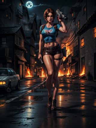 {((1 woman))}, only she is {((wearing short blue t-shirt and extremely tight brown leather shorts, short and tight on the body)), only elá has ((giant breasts)), (((short brown hair very slick, blue eyes)), staring at the viewer, smiling, ((pose with gun, macabre city, night, fog, multiple people/zombies walking in the street, cars destroyed, houses on fire)},  ((full body):1.3), ((Resident Evil)), 16k, best quality, best resolution, best sharpness,
