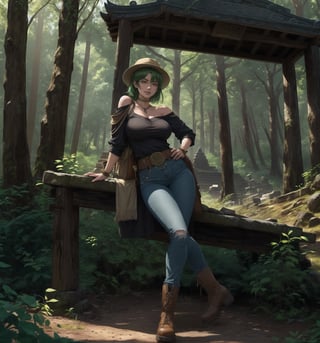 An adventure, archaeology, mystery, supernatural and anime masterpiece, rendered in crystal-clear 4K. A 30-year-old woman called Aiko, a brave and adventurous archaeologist, stands in a sensual and mysterious pose in an ancient temple in the middle of a forest. She is wearing an archaeologist's outfit consisting of a beige short-sleeved shirt, sturdy jeans and brown high boots. She also wears a brown backpack on her left shoulder, a beige wide-brimmed hat to protect her from the sun, a leather glove on her right hand and a flashlight around her waist. His green hair is cut in a modern and stylish short mohawk. His red eyes are looking at the viewer, smiling with white teeth, but with an air of mystery and danger. The scene takes place in an ancient temple in the middle of a forest, the place is mysterious and full of rock structures, wooden structures, carved rock structures and ancient ruins. The image highlights Aiko's sensual figure and the mysterious and supernatural elements of the ancient temple. The rock and wooden structures, together with Aiko, the ancient ruins and the sculptures, create an atmosphere of adventure, archaeology and mystery. The natural lighting of the forest and the shadows created by the structures enhance the details of the scene and create an even more mysterious atmosphere. Soft, shadowy lighting effects create a tense, mystery-laden atmosphere, while rough, detailed textures on the structures and Aiko's costume add realism to the image. | A sensual and mysterious scene of Aiko, a brave archaeologist in an ancient temple in the middle of a forest, mixing elements of adventure, archaeology, mystery and the supernatural in anime style. | (((((The image reveals a full-body shot as she assumes a sensual pose, engagingly leaning against a structure within the scene in an exciting manner. She takes on a relaxed pose as she interacts, boldly leaning on a structure, leaning back in an exciting way.))))). | ((full-body shot)), ((perfect pose)), ((perfect fingers, better hands, perfect hands)), ((perfect legs, perfect feet)), ((perfect design)), ((perfect composition)), ((very detailed scene, very detailed background, perfect layout, correct imperfections)), More Detail, Enhance