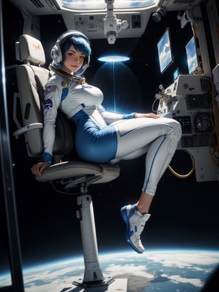 A woman astronaut, wearing white astronaut suit with parts in blue, ((astronaut helmet with transparent rearview mirror, gigantic breasts)), blue hair, messy hair, short hair, flat hair, hair with bangs in front of the eyes, looking at the viewer, (((pose with interaction and leaning on [something|an object]))), on a space station without gravity, with several computers, machines, window showing the cideral space,, ((full body):1.5), 16k, UHD, best possible quality, ultra detailed, best possible resolution, Unreal Engine 5, professional photography, well-detailed fingers, well-detailed hand, perfect_hands, , ((NASA astronaut))