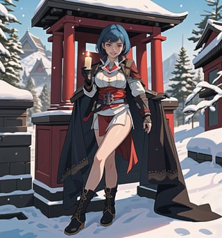An ultra-detailed 16K masterpiece in the styles of ((Assassin's Creed)), fantasy and adventure, rendered in ultra-high resolution with realistic detail. Fammy, a beautiful 23-year-old woman, is dressed as an assassin in an ancient temple in the snowy mountains. She wears a black cape, a white tunic, a black belt, black boots and black gloves. Her short ((blue hair)) is styled in a Mohican cut with gradient effects. She has red eyes, looking at the viewer while ((smiling, showing her teeth)) and wearing red lipstick. The image emphasises Fammy's imposing figure and the architectural elements of the ancient temple. The rocky, wooden and carved structures, together with the statuettes and the backdrop of snowy mountains, create a mysterious and tense atmosphere. The melted wax candles, stone sarcophagus and bones scattered on the floor add macabre detail to the scene. Soft, sombre lighting effects create a relaxing, mysterious atmosphere, while detailed textures on the structures and costume add realism to the image. | A tense and mysterious scene of a beautiful assassin in an ancient temple in the snowy mountains, fusing elements of Assassin's Creed, fantasy and adventure. (((The image reveals a full-body shot as Fammy assumes a sensual pose, engagingly leaning against a structure within the scene in an exciting manner. She takes on a sensual pose as she interacts, boldly leaning on a structure, leaning back and boldly throwing herself onto the structure, reclining back in an exhilarating way.))). | ((((full-body shot)))), ((perfect pose)), ((perfect limbs, perfect fingers, better hands, perfect hands, hands)), ((perfect legs, perfect feet)), ((huge breasts)), ((perfect design)), ((perfect composition)), ((very detailed scene, very detailed background, perfect layout, correct imperfections)), Enhance, Ultra details++, More Detail, poakl