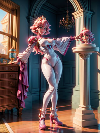 A woman, wearing the white mecha costume+MegaMan costume+Spider-Man costume, gigantic breasts, pink hair, very short hair, curly hair, bangs in front of the eyes, gold crown with jewels on the head, looking at the viewer, (((erotic pose interacting and leaning on an object))), in a princess room in a castle with furniture, statue, window showing the city with a beautiful sun at the top right, ((full body):1.5). 16k, UHD, best possible quality, ((best possible detail):1), best possible resolution, Unreal Engine 5, professional photography, ((Princess Peach)), perfect_hands,in the style of SM