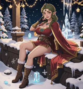 An ultra-detailed 16K masterpiece styled with fantasy and realism, rendered in ultra-high resolution with stunning graphical detail. | Princess Zelda, a beautiful 25-year-old woman, is dressed in an elegant and powerful warrior outfit consisting of white and gold armor, a red cape, brown leather boots, and brown leather gloves. She also wears a golden tiara with the Triforce in the center, gold Triforce-shaped earrings, gold bracelets on her wrists, and a brown leather belt around her waist. His short green hair is disheveled, in a modern, shaggy cut. Her golden eyes are looking straight at the viewer as she ((smiles seductively and shows her teeth)), wearing bright red lipstick and war paint on her face. It is located in a frozen cave, with rock structures, ice structures, a Triforce figurine, wooden structures, and an icy environment around it. The place is habitable, with living and rest areas. The light from the Christmas lights illuminates the place, creating a festive and magical atmosphere. | The image highlights the imposing figure of Princess Zelda and the festive elements of the cave. The rock structures, ice structures, Triforce figurine and wooden structures create a magical and enchanted environment. Illumination from Christmas lights creates dramatic shadows and highlights details in the scene. | Soft, colorful lighting effects create a relaxing and seductive atmosphere, while rough, detailed textures on the structures and costume add realism to the image. | A sensual and festive scene of Princess Zelda, a beautiful woman dressed as an elegant warrior in a habitable frozen cave, exploring themes of fantasy, seduction and Christmas spirit. | (((The image reveals a full-body shot as the Princess Zelda assumes a sensual pose, engagingly leaning against a structure within the scene in an exciting manner. She takes on a sensual pose as she interacts, boldly leaning on a structure, leaning back and boldly throwing herself onto the structure, reclining back in an exhilarating way.))). | ((((full-body shot)))), ((perfect pose)), ((perfect limbs, perfect fingers, better hands, perfect hands, hands))++, ((perfect legs, perfect feet))++, ((huge breasts)), ((perfect design)), ((perfect composition)), ((very detailed scene, very detailed background, perfect layout, correct imperfections)), Enhance++, Ultra details++, More Detail++