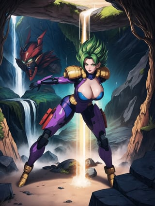 A woman, wearing all white mecha suit, mecha suit with parts in blue, mecha suit with cybernetic armor, very tight mecha suit, ((gigantic breasts, SuperSaiyan, green hair, (looking directly at the viewer), she is, in a dungeon in a cave, with many machines, monsters, robots, altars, pillars of stones, luminous pipes, waterfall, 16K, UHD, best possible quality, ultra detailed, best possible resolution, Unreal Engine 5, professional photography, she is, ((sensual pose with interaction and leaning on anything + object + on something + leaning against)) + perfect_thighs, perfect_legs, perfect_feet, better_hands, ((full body)), More detail,