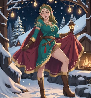 An ultra-detailed 16K masterpiece styled with fantasy and realism, rendered in ultra-high resolution with stunning graphical detail. | Princess Zelda, a beautiful 25-year-old woman, is dressed in an elegant and powerful warrior outfit consisting of white and gold armor, a red cape, brown leather boots, and brown leather gloves. She also wears a golden tiara with the Triforce in the center, gold Triforce-shaped earrings, gold bracelets on her wrists, and a brown leather belt around her waist. His short green hair is disheveled, in a modern, shaggy cut. Her golden eyes are looking straight at the viewer as she ((smiles seductively and shows her teeth)), wearing bright red lipstick and war paint on her face. It is located in a frozen cave, with rock structures, ice structures, a Triforce figurine, wooden structures, and an icy environment around it. The place is habitable, with living and rest areas. The light from the Christmas lights illuminates the place, creating a festive and magical atmosphere. | The image highlights the imposing figure of Princess Zelda and the festive elements of the cave. The rock structures, ice structures, Triforce figurine and wooden structures create a magical and enchanted environment. Illumination from Christmas lights creates dramatic shadows and highlights details in the scene. | Soft, colorful lighting effects create a relaxing and seductive atmosphere, while rough, detailed textures on the structures and costume add realism to the image. | A sensual and festive scene of Princess Zelda, a beautiful woman dressed as an elegant warrior in a habitable frozen cave, exploring themes of fantasy, seduction and Christmas spirit. | (((The image reveals a full-body shot as the Princess Zelda assumes a sensual pose, engagingly leaning against a structure within the scene in an exciting manner. She takes on a sensual pose as she interacts, boldly leaning on a structure, leaning back and boldly throwing herself onto the structure, reclining back in an exhilarating way.))). | ((((full-body shot)))), ((perfect pose)), ((perfect limbs, perfect fingers, better hands, perfect hands, hands))++, ((perfect legs, perfect feet))++, ((huge breasts)), ((perfect design)), ((perfect composition)), ((very detailed scene, very detailed background, perfect layout, correct imperfections)), Enhance++, Ultra details++, More Detail++