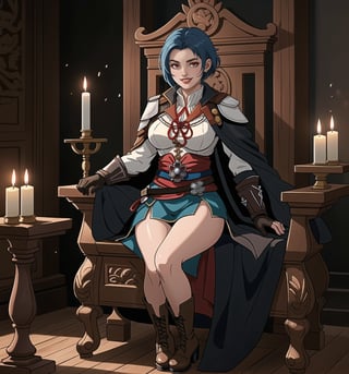 An ultra-detailed 16K masterpiece in the styles of ((Assassin's Creed)), fantasy and adventure, rendered in ultra-high resolution with realistic detail. Kalina, a beautiful 23-year-old woman, is dressed as an assassin in an ancient temple. She wears a black cloak, a white tunic, a black belt, black boots and black gloves. Her short ((blue hair)) is styled in a Mohican cut, with gradient effects. She has red eyes, looking at the viewer while smiling, showing her teeth and wearing red lipstick. The image emphasises Kalina's imposing figure and the architectural elements of the ancient temple. The rocky, wooden and carved structures, together with the candles, create a mysterious and tense atmosphere. The melted wax candles, stone sarcophagus and bones scattered on the floor add macabre detail to the scene. Soft, sombre lighting effects create a relaxing and mysterious atmosphere, while detailed textures on the structures and costume add realism to the image. | A tense and mysterious scene of a beautiful Assassin in an ancient temple, fusing elements of Assassin's Creed, fantasy and adventure. (((The image reveals a full-body shot as Kalina assumes a sensual pose, engagingly leaning against a structure within the scene in an exciting manner. She takes on a sensual pose as she interacts, boldly leaning on a structure, leaning back and boldly throwing herself onto the structure, reclining back in an exhilarating way.))). | ((((full-body shot)))), ((perfect pose)), ((perfect limbs, perfect fingers, better hands, perfect hands, hands)), ((perfect legs, perfect feet)), ((huge breasts)), ((perfect design)), ((perfect composition)), ((very detailed scene, very detailed background, perfect layout, correct imperfections)), Enhance, Ultra details++, More Detail, poakl