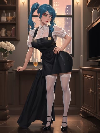 High resolution in 4K, inspired by urban surrealism with touches of classic elegance. | The housekeeper, a beautiful 30-year-old woman, works boldly and sensually. Dressed in a black maid outfit with a white apron, lycra stockings, and black flat shoes, she stares directly at the viewer with her long, blue hair tied in two pigtails with metallic clips, adding a playful touch to her appearance. Her entire body and clothing are wet from water, giving a bold look to the scene. | The setting is in a large and luxurious apartment, filled with elegant furniture and marble structures. A glass dining table, a bookshelf with a 90-inch television, and a window overlooking the rainy city at night make up the scene. The housekeeper, with a bold attitude, interacts with imposing structures, leaning on them and adopting sensual poses, creating a provocative and unique dynamic. | A 30-year-old housekeeper with a blend of urban surrealism and classic elegance, working boldly and sensually in a luxurious apartment during a rainy night. | She is striking a ((sensual pose while interacting, boldly leaning on a large structure in the scene. Elegantly leaning against, it adds a unique touch to the scene.):1.4), (((Full body image))), perfect hand, fingers, hand, perfect, better_hands, More Detail,