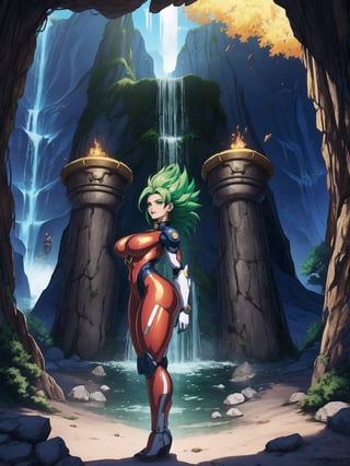 A woman, wearing all white mecha suit, mecha suit with parts in blue, mecha suit with cybernetic armor, very tight mecha suit, ((gigantic breasts, SuperSaiyan, green hair, (looking directly at the viewer), she is, in a dungeon in a cave, with many machines, monsters, robots, altars, pillars of stones, luminous pipes, waterfall, 16K, UHD, best possible quality, ultra detailed, best possible resolution, Unreal Engine 5, professional photography, she is, ((sensual pose with interaction and leaning on anything + object + on something + leaning against)) + perfect_thighs, perfect_legs, perfect_feet, better_hands, ((full body)), More detail,