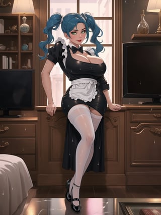 High resolution in 4K, inspired by urban surrealism with touches of classic elegance. | The housekeeper, a beautiful 30-year-old woman, works boldly and sensually. Dressed in a black maid outfit with a white apron, lycra stockings, and black flat shoes, she stares directly at the viewer with her long, blue hair tied in two pigtails with metallic clips, adding a playful touch to her appearance. Her entire body and clothing are wet from water, giving a bold look to the scene. | The setting is in a large and luxurious apartment, filled with elegant furniture and marble structures. A glass dining table, a bookshelf with a 90-inch television, and a window overlooking the rainy city at night make up the scene. The housekeeper, with a bold attitude, interacts with imposing structures, leaning on them and adopting sensual poses, creating a provocative and unique dynamic. | A 30-year-old housekeeper with a blend of urban surrealism and classic elegance, working boldly and sensually in a luxurious apartment during a rainy night. | She is striking a ((sensual pose while interacting, boldly leaning on a large structure in the scene. Elegantly leaning against, it adds a unique touch to the scene.):1.4), ((Full body image):1.2), perfect hand, fingers, hand, perfect, better_hands, More Detail,