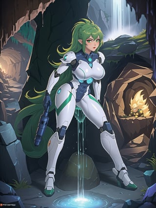 A woman, wearing all white mecha suit, mecha suit with parts in blue, mecha suit with cybernetic armor, very tight mecha suit, ((gigantic breasts, SuperSaiyan, green hair, (looking directly at the viewer), she is, in a dungeon in a cave, with many machines, monsters, robots, altars, pillars of stones, luminous pipes, waterfall, 16K, UHD, best possible quality, ultra detailed, best possible resolution, Unreal Engine 5, professional photography, she is, ((sensual pose with interaction and leaning on anything + object + on something + leaning against)) + perfect_thighs, perfect_legs, perfect_feet, better_hands, ((full body)), More detail,