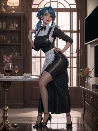 High resolution in 4K, inspired by urban surrealism with touches of classic elegance. | The housekeeper, a beautiful 30-year-old woman, works boldly and sensually. Dressed in a black maid outfit with a white apron, lycra stockings, and black flat shoes, she stares directly at the viewer with her long, blue hair tied in two pigtails with metallic clips, adding a playful touch to her appearance. Her entire body and clothing are wet from water, giving a bold look to the scene. | The setting is in a large and luxurious apartment, filled with elegant furniture and marble structures. A glass dining table, a bookshelf with a 90-inch television, and a window overlooking the rainy city at night make up the scene. The housekeeper, with a bold attitude, interacts with imposing structures, leaning on them and adopting sensual poses, creating a provocative and unique dynamic. | A 30-year-old housekeeper with a blend of urban surrealism and classic elegance, working boldly and sensually in a luxurious apartment during a rainy night. | She is striking a ((sensual pose while interacting, boldly leaning on a large structure in the scene. Elegantly leaning against, it adds a unique touch to the scene.):1.4), ((Full body image)), perfect hand, fingers, hand, perfect, better_hands, More Detail,