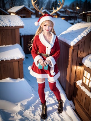 (((Full body+standing up))), (RAPUNZEL LONG HAIR , ((wearing a Santa Claus outfit with+holding a gift bag)), She is smiling, looking at the viewer, ((it's snowing+on top of a house roof+with a reindeer sleigh)), Hyperrealism, 16k, best quality, high details, masterpiece, UHD, anatomically correct, textured skin,cartoon ,real