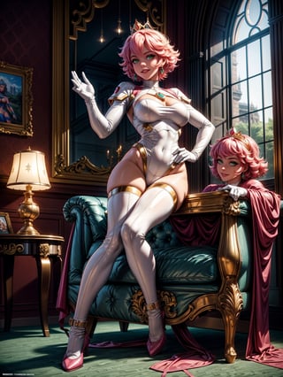A woman, wearing the white mecha costume+MegaMan costume+Spider-Man costume, gigantic breasts, pink hair, very short hair, curly hair, bangs in front of the eyes, gold crown with jewels on the head, looking at the viewer, (((erotic pose interacting and leaning on an object))), in a princess room in a castle with furniture, statue, window showing the city with a beautiful sun at the top right, ((full body):1.5). 16k, UHD, best possible quality, ((best possible detail):1), best possible resolution, Unreal Engine 5, professional photography, ((Princess Peach)), perfect_hands,in the style of SM