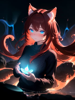 masterpiece, best quality, highres, 1girl, solo, scenery, bioluminescence, depth of field, rim lighting, fire, magma, elemental, swirling soul lights, magic, raifu, dark red hair, blue eyes, straight hair, cat ears, blush, (medium breasts:0.8), mature female, white sweater,highres