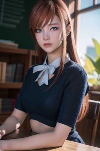 (8k, RAW photo, best quality, masterpiece:1.2), (masterpiece),(best quality:1.3),(ultra detailed:1.2),(highres:1.1), (extremely detailed CG), best quality, ultra-detailed, beautiful, , {{{1 girl}}}, sweating,(blue_eyes:1.3),make up, ryen,  looking at viewer, orange hair, long hair, detailed eyes,school uniform,bowtie,  naughty face,,, shiny skin, looking at viewer,, depth of field, reading,  ,Ryne