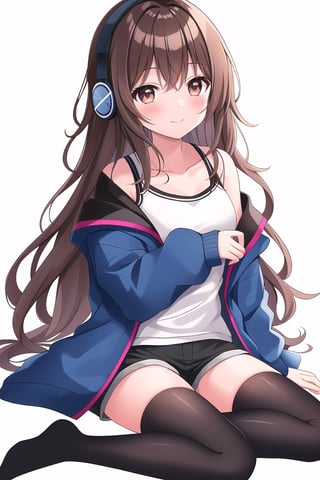 1girl, solo, long hair, looking at viewer, blush, smile, bangs, simple background, brown hair, shirt, thighhighs, long sleeves, white background, bare shoulders, brown eyes, sitting, very long hair, closed mouth, collarbone, jacket, full body, open clothes, shorts, striped, off shoulder, white thighhighs, open jacket, short shorts, headphones, no shoes, black shorts, stuffed toy, stuffed animal, blue jacket, striped thighhighs, camisole, teddy bear, scissors