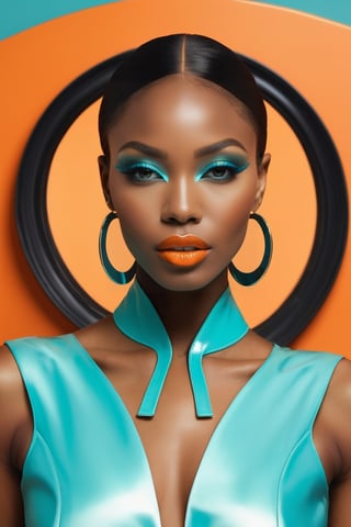 High fashion portrait shoot of a black woman supermodel, in the style of curved mirrors, symmetrical lines, neoclassical style, orange and cyan, ultra-realistic, hyper-detailed