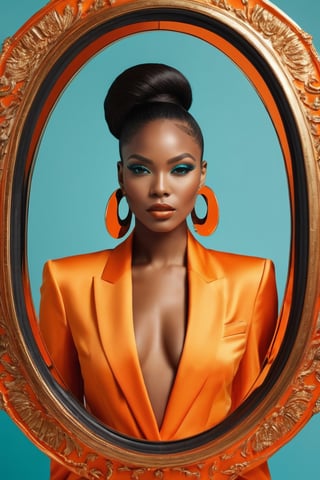 High fashion portrait shoot of a black woman supermodel, in the style of curved mirrors, symmetrical lines, neoclassical style, orange and cyan, ultra-realistic, hyper-detailed