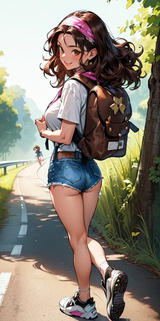 ((((fashion 90's))), (((lovely smile))), ((((90's anime art style))) (((90´s hairstyle))) 1girl, young, (((25 years age))), Short stature, 1.70 mts stature, relaxed face and attitude, (summer) ((((wavy brown hair)))) ((((backpack hiker)))) (((on the road doing autostop))) (((back view))) (((autosop))) (((denim shorts))) patern shirt tied to chest, big breast, ((bandana on hair)), white sneakers, no socks, dynamic and visually striking appearance, outfit, posing, front, colorful, dynamic, background, 