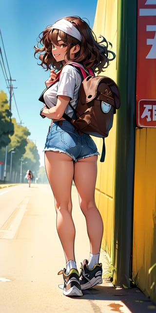 ((((fashion 90's))), (((lovely smile))), ((((90's anime art style))) (((90´s hairstyle))) 1girl, young, (((25 years age))), Short stature, 1.70 mts stature, relaxed face and attitude, (summer) ((((wavy brown hair)))) ((((backpack hiker)))) (((on the road doing autostop))) (((front view))) (((autosop))) (((denim shorts))) patern shirt tied to chest, big breast, ((bandana on hair)), white sneakers, no socks, dynamic and visually striking appearance, outfit, posing, front, colorful, dynamic, background, 