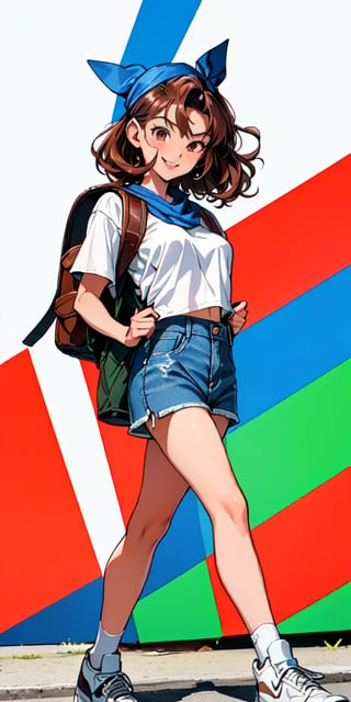 ((((fashion 90's))), (((lovely smile))), ((((90's anime art style))) (((90´s hairstyle))) 1girl, young, (((25 years age))), Short stature, 1.70 mts stature, relaxed face and attitude, (summer) ((((wavy brown hair)))) ((((backpack hiker)))) (((on the road doing autostop))) (((front view))) (((autosop))) (((denim shorts))) patern shirt tied to chest, big breast, ((bandana on hair)), white sneakers, no socks, dynamic and visually striking appearance, outfit, posing, front, colorful, dynamic, background, 