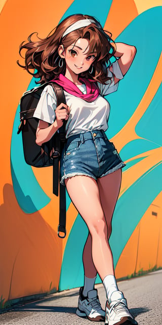 ((((fashion 90's))), (((lovely smile))), ((((90's anime art style))) (((90´s hairstyle))) 1girl, young, (((25 years age))), Short stature, 1.70 mts stature, relaxed face and attitude, (summer) ((((wavy brown hair)))) ((((backpack hiker)))) (((on the road doing autostop))) (((front view))) (((autosop))) (((denim shorts))) patern shirt tied to chest, big breast, ((bandana on hair)), white sneakers, no socks, dynamic and visually striking appearance, outfit, posing, front, colorful, dynamic, background, 