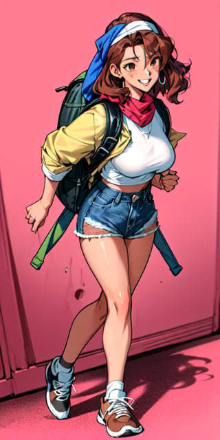 ((((fashion 90's))), (((lovely smile))), ((((90's anime art style))) (((90´s hairstyle))) 1girl, young, (((25 years age))), Short stature, 1.70 mts stature, relaxed face and attitude, (summer) ((((wavy brown hair)))) ((((backpack hiker)))) (((on the road doing autostop))) (((front view))) (((autosop))) (((denim shorts))) patern shirt tied to chest, big breast, ((bandana on hair)), white sneakers, no socks, dynamic and visually striking appearance, outfit, posing, front, colorful, dynamic, background, ,doggystyle