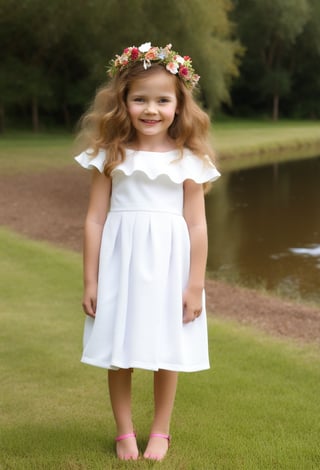(full body photo of a little girl 7 year-old), real flowers crown, floral crown, flower, victorian ruffle collar, vintage dress, ruff collar, perfect face, standing on the grass near a pond, there are ducks, many bushes and trees in the background, white hair, Long messy Wavy Hair, hair bow,  realistic, best possible lighting, detailed face, thick and detailed hair, lips,vdress