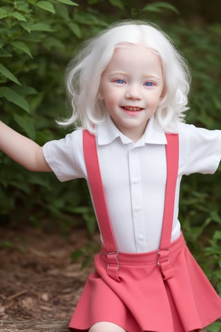 score_9, score_8_up, solo, little girl 7 year-old, (pink eyes:1),(red skirt suspenders, suspender, msws),((albino, white eyebrows, white eyelashes))((long white hair))  white skin, detailed skin texture,  (dynamic pose) (looking at viewer),  bows, perfectly illumination, photorealistic, outdoors,ALG,MSWS