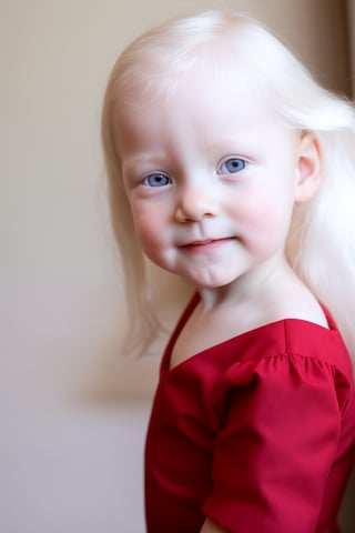 score_9, score_8_up, solo, (upper body), little girl 7 year-old, (purple eyes:1.3),(red  dress),((albino, white eyebrows, white eyelashes))((long white hair))  white skin, detailed skin texture,  (dynamic pose) (looking at viewer),  bows, perfectly illumination, photorealistic, indoors,ALG,