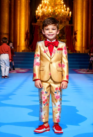 solo, 1boy, little boy 8 year-old caucacian white skin ((looking at viewer)) full body, ornament white suit, Chamomile flower, white pants, red tie, sneakers white, Dolce & Gabbana, standing on cathedral hall, (men suit floral print) smile, red shiny shoes, gold watch
