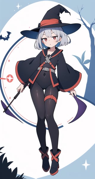 (absurdres, highres, ultra detailed, perfect anatomy:1.2), anime, fullbody, halloween, BREAK
(1girl:1.2), solo, flat chest, waved hair, silver hair, bob hair, (red eyes:1.1), (Magic Circle:1.4), (Witch, Tree), (harness:1.1),