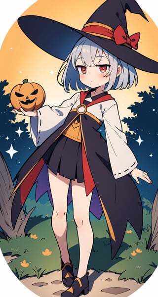 (absurdres, highres, ultra detailed, perfect anatomy:1.2), anime, fullbody, halloween, BREAK
(1girl:1.2), solo, flat chest, waved hair, silver hair, bob hair, (red eyes:1.1), (Magic Circle:1.4), (Witch, Tree)