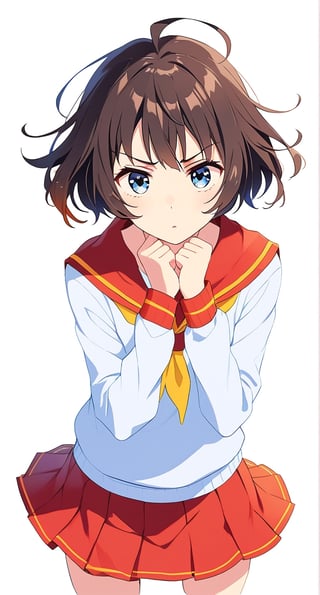 Megumin, posing with a dramatic expression, pouting, pastel colors, short-hair, mini_skirt, brown_hair, school_girl, colors_black_and_blue