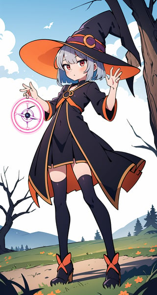 (absurdres, highres, ultra detailed, perfect anatomy:1.2), anime, fullbody, halloween, BREAK
(1girl:1.2), solo, flat chest, waved hair, silver hair, bob hair, (red eyes:1.1), (Magic Circle:1.4), (Witch, Tree)