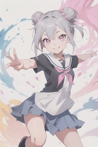 1girl, double bun short brown hair, looking at the viewer, gray hair, pink eyes, short sleeve, dynamic pose, smile, schoolgirl, alone, very aesthetic, absurd, txznf, Colors, KunoTsubakiv1, ASU1, Vivid colors,
<3 shaped pupil