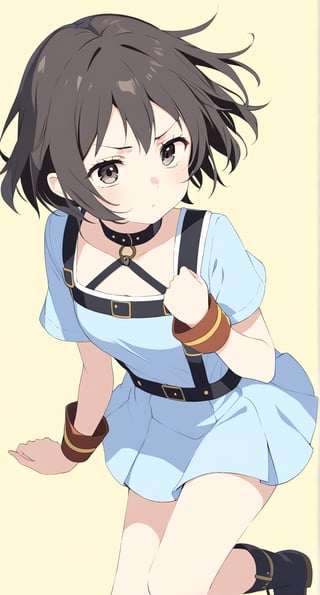 Megumin, posing with a dramatic expression, pouting, pastel colors, short-hair, mini_skirt, brown_hair, school_girl, leg harness, choker,, colors_black_and_blue,Frieren