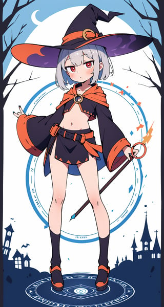 (absurdres, highres, ultra detailed, perfect anatomy:1.2), anime, fullbody, halloween, BREAK
(1girl:1.2), solo, flat chest, waved hair, silver hair, bob hair, (red eyes:1.1), (Magic Circle:1.4), (Witch, Tree)