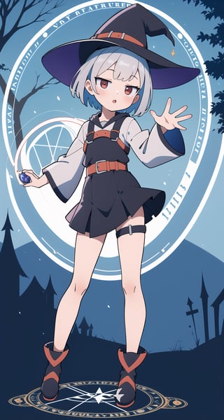 (absurdres, highres, ultra detailed, perfect anatomy:1.2), anime, fullbody, halloween, BREAK
(1girl:1.2), solo, flat chest, waved hair, silver hair, bob hair, (red eyes:1.1), (Magic Circle:1.4), (Witch, Tree), (harness:1.1),