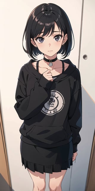 (the image must be PNG), girl, tender expression, (dinamic pose),  bob style hair, (from above), standing, harness, choker,
medium skirt, large black sweatshirt, 

frankie_wai,MAWSLoisLane