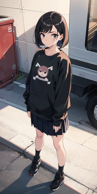 (the image must be PNG), girl, tender expression, (dinamic pose),  bob style hair, (from above), standing
medium skirt, large black sweatshirt, 

frankie_wai,MAWSLoisLane