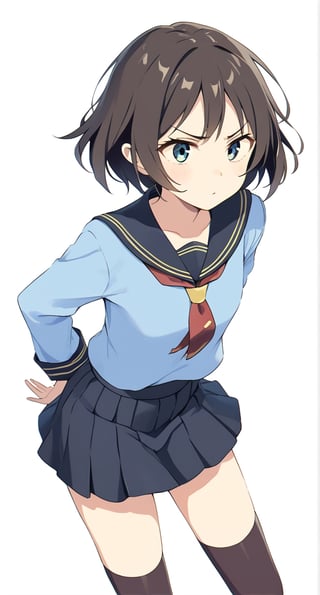 Megumin, posing with a dramatic expression, pouting, pastel colors, short-hair, mini_skirt, brown_hair, school_girl, colors_black_and_blue,Frieren