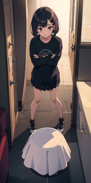 (the image must be PNG), girl, adorable face, tender expression, (dinamic pose),  bob style hair, (from above), standing
medium skirt, large black sweatshirt, 

frankie_wai,MAWSLoisLane