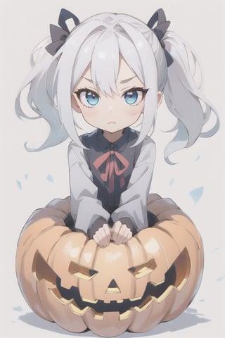 a pumpkin with long pigtails, white hair, adorable expressions, pouting expression,
,KunoTsubakiv1